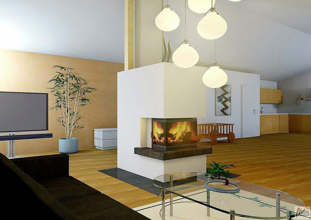 Moderner Eckkamin mit Panoramascheibe in offenem Wohn- und Küchenbereich mit Designerlampen und Holzboden
