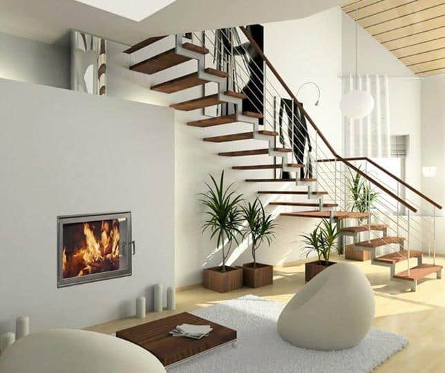 Moderner Wohnbereich mit Kaminofen, freischwebender Treppe und stilvollen Designmöbeln in heller Raumgestaltung