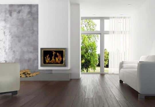 Moderner Wandkamin in minimalistischem Wohnraum mit Parkettboden, großen Fenstern und weißem Interieur