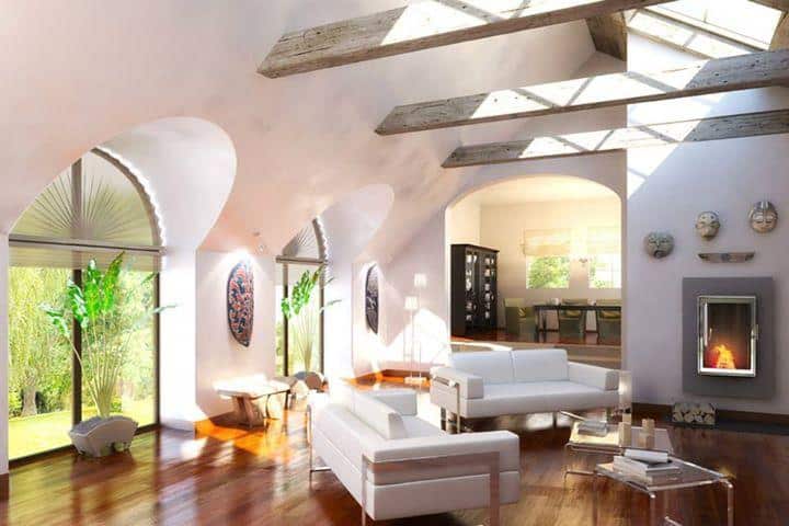 Design-Kamin mit Hochformat-Feuerraum in modernem Wohnzimmer mit geschwungener Decke, Sichtbalken und großer Fensterfront