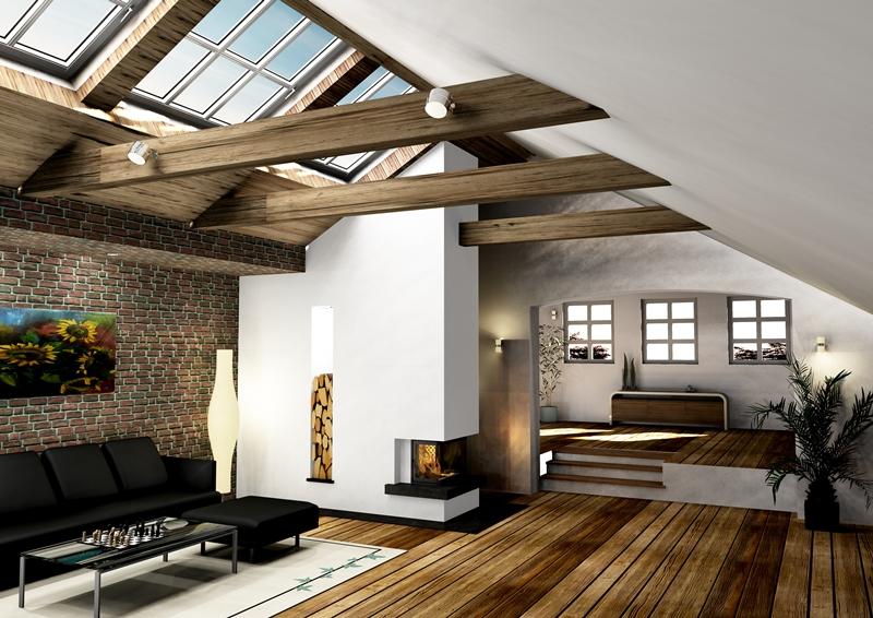 Moderner Speicherofen in Dachgeschoss-Loft mit Sichtbalken, Kaminholz-Nische und Glasfeuerung