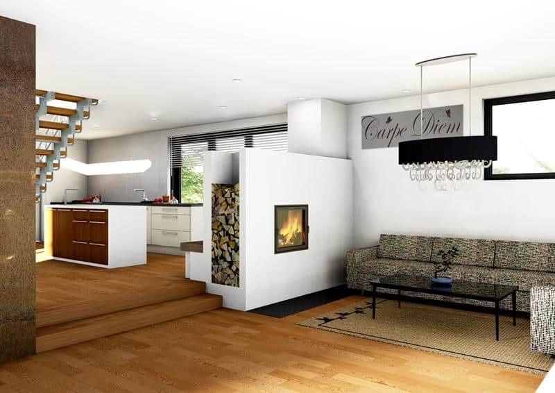 Moderner Speicherofen mit Holzfach in offenem Wohnbereich mit Küche und Treppe