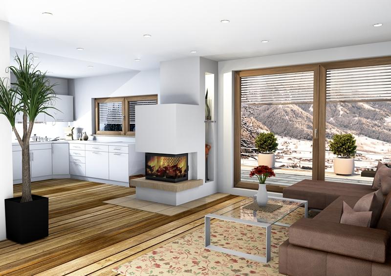 Moderner Speicherofen in hellem Wohnraum mit Panoramablick auf verschneite Berglandschaft