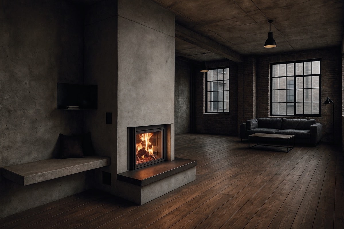 Moderner Speicherofen mit sichtbarem Feuer in loftartigem Wohnzimmer mit großen Fenstern, Betonwänden und Holzboden