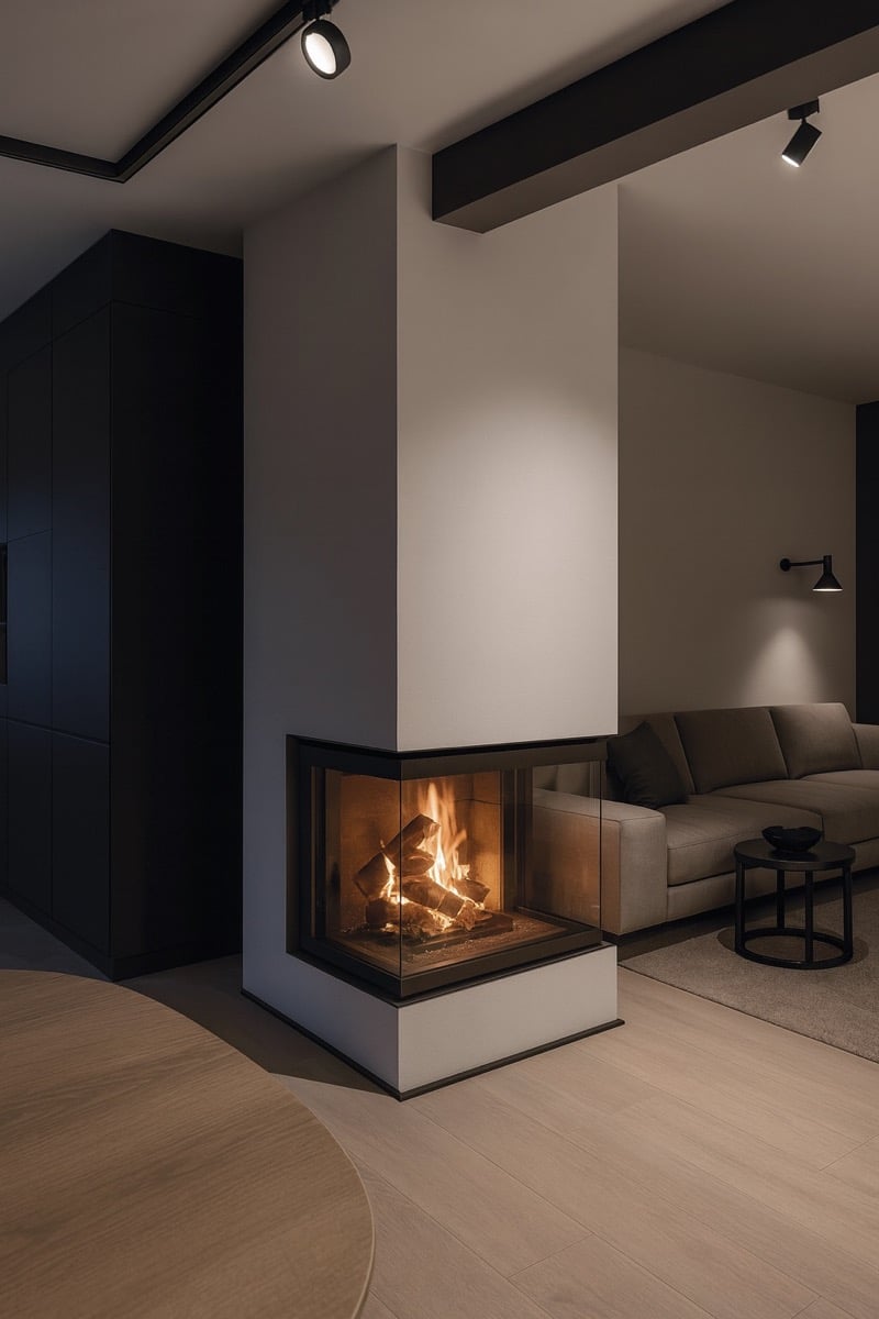 Moderner Eck-Speicherofen mit Glasfront und sichtbarem Feuer in elegantem Wohnzimmer