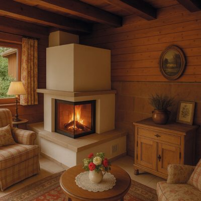 04-Ambio-Speicher_und-Grundofen Traditioneller Speicherofen mit Eckverglasung in gemütlicher Stube mit Holzverkleidung