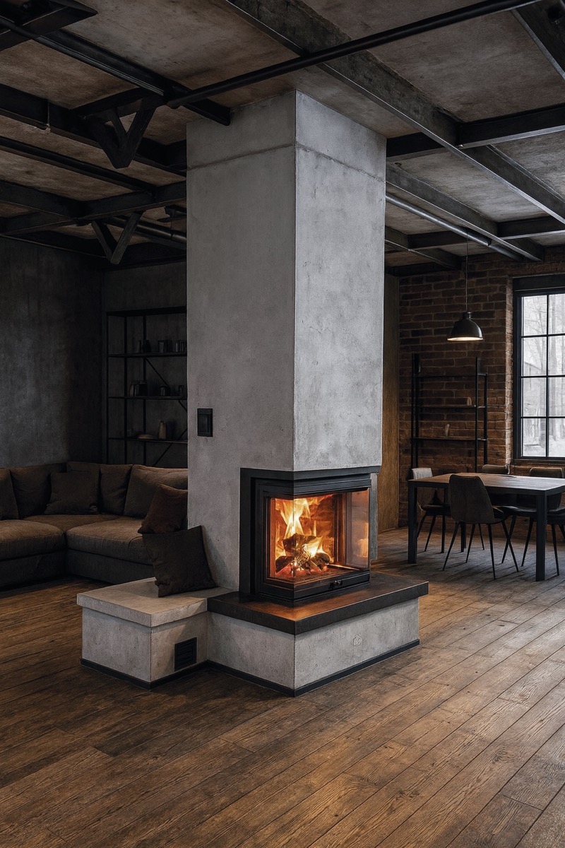 Moderner Speicherofen mit Eckglas in Loft-Wohnzimmer mit Industrie-Charme