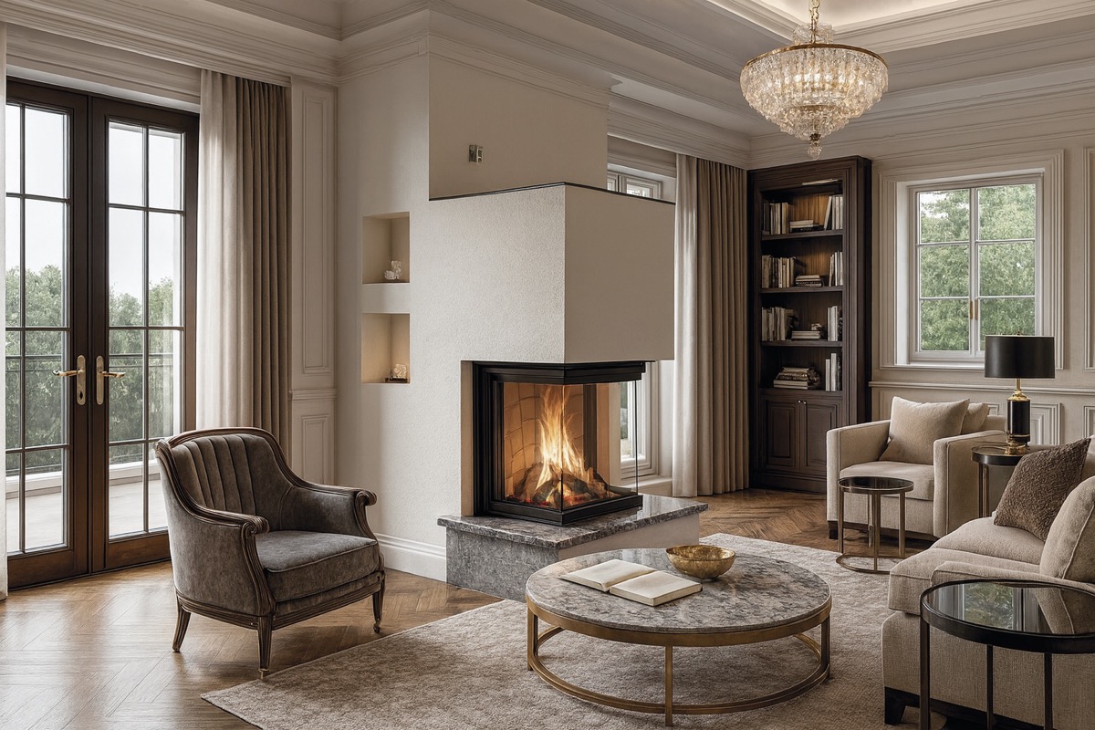 „Eleganter Speicherofen mit Glasfront in klassischem Wohnzimmer mit Kronleuchter