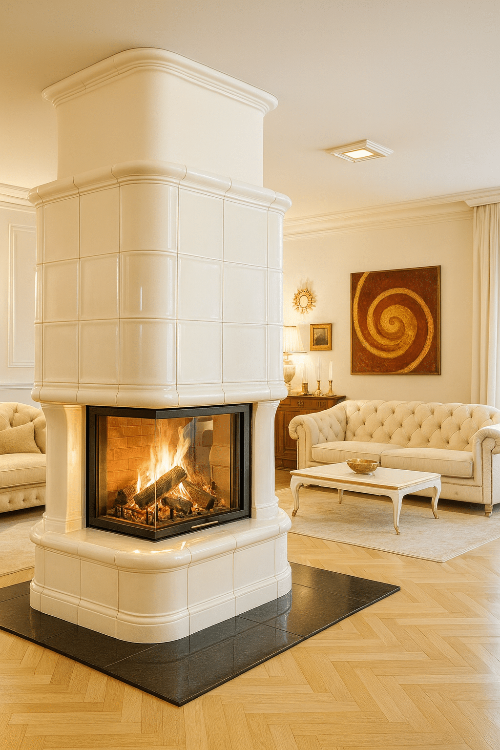 Eleganter Kachelofen in Cremeweiß mit Glasfront in klassischem Wohnzimmer