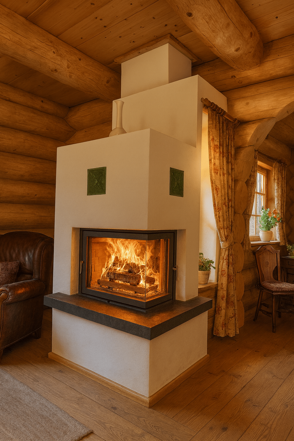 Moderner Eck-Speicherofen in rustikalem Wohnzimmer mit Holzboden