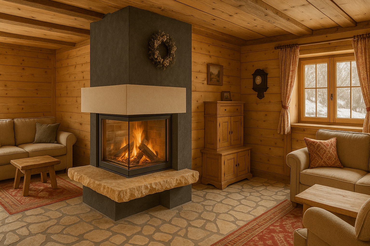 Gemütlicher Eckofen mit Glasfront in rustikalem Holzhaus