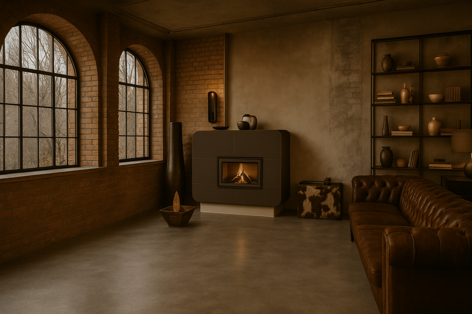 Design-Speicherofen mit runder Form in Loft-Wohnung mit Leder-Sofa