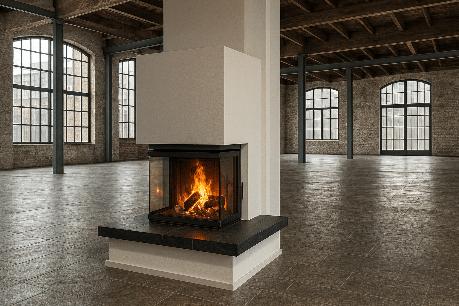 Moderner Eckofen mit Glasfront in großer Industriehalle mit Backsteinwänden