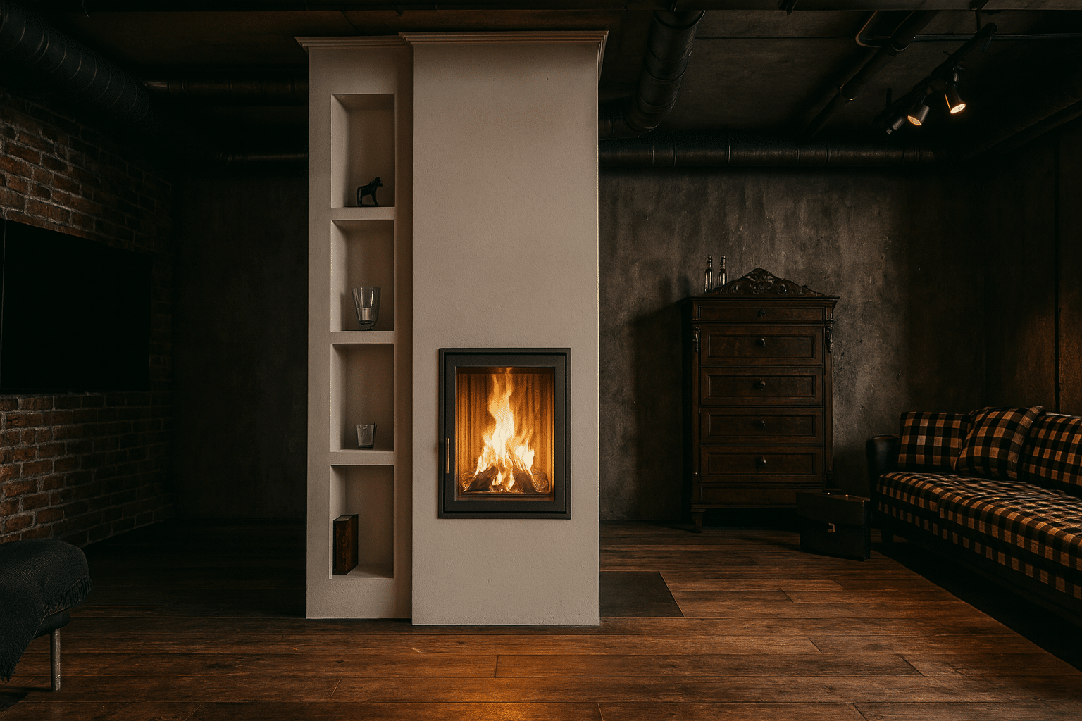 Schlichter Grundofen mit Glasfront und seitlichen Regalfächern in modern-rustikalem Wohnzimmer