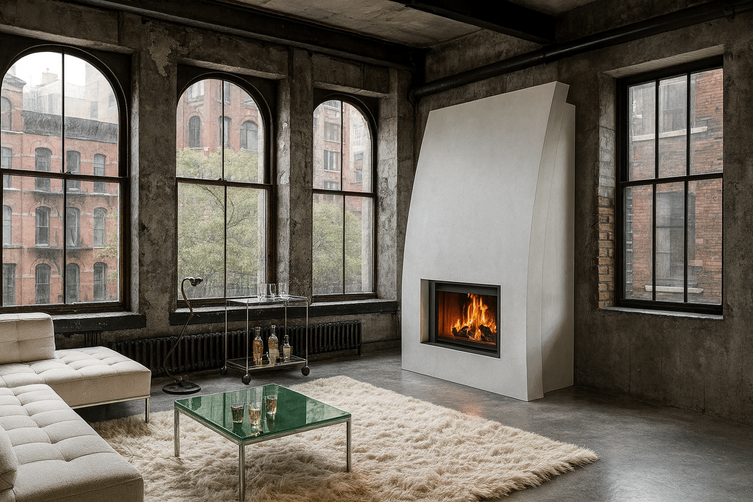 Moderner Speicherofen in heller Loftwohnung mit großem Fenster und Teppich