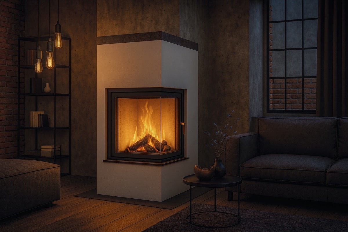 Moderner Speicherofen mit Glasfront und loderndem Feuer in stilvollem Wohnzimmer mit dunkler Einrichtung