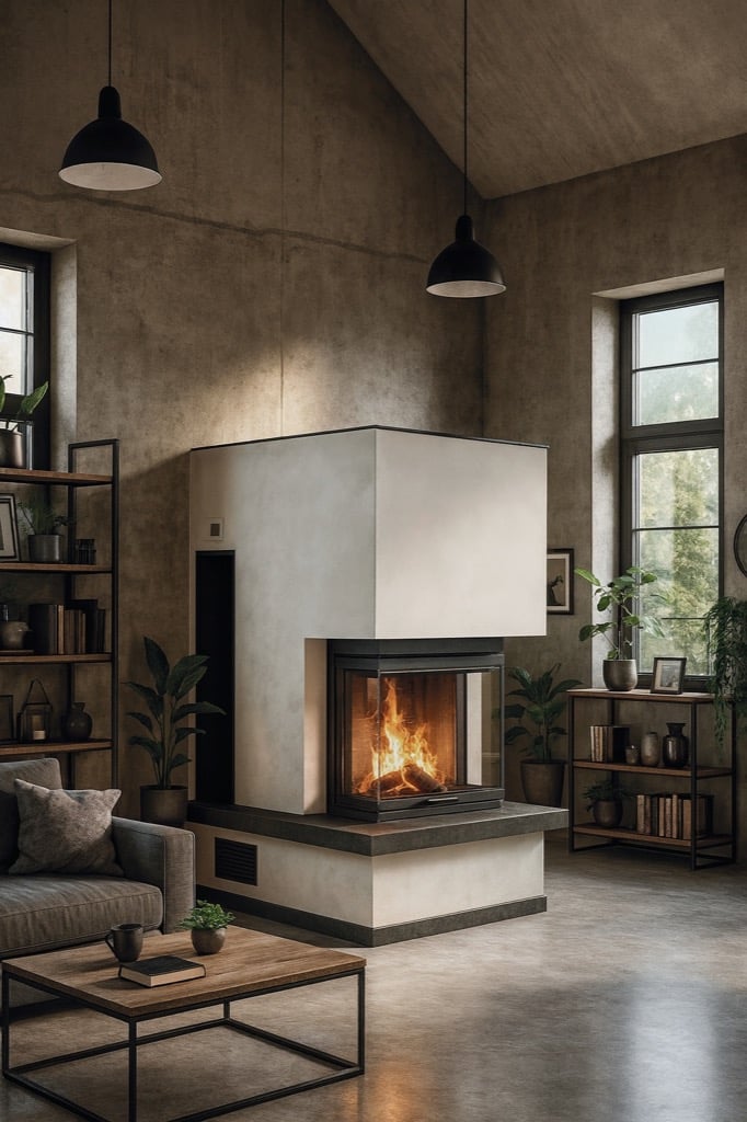 Moderner Eck-Speicherofen mit dreiseitiger Verglasung in minimalistischem Wohnraum mit Betonwänden