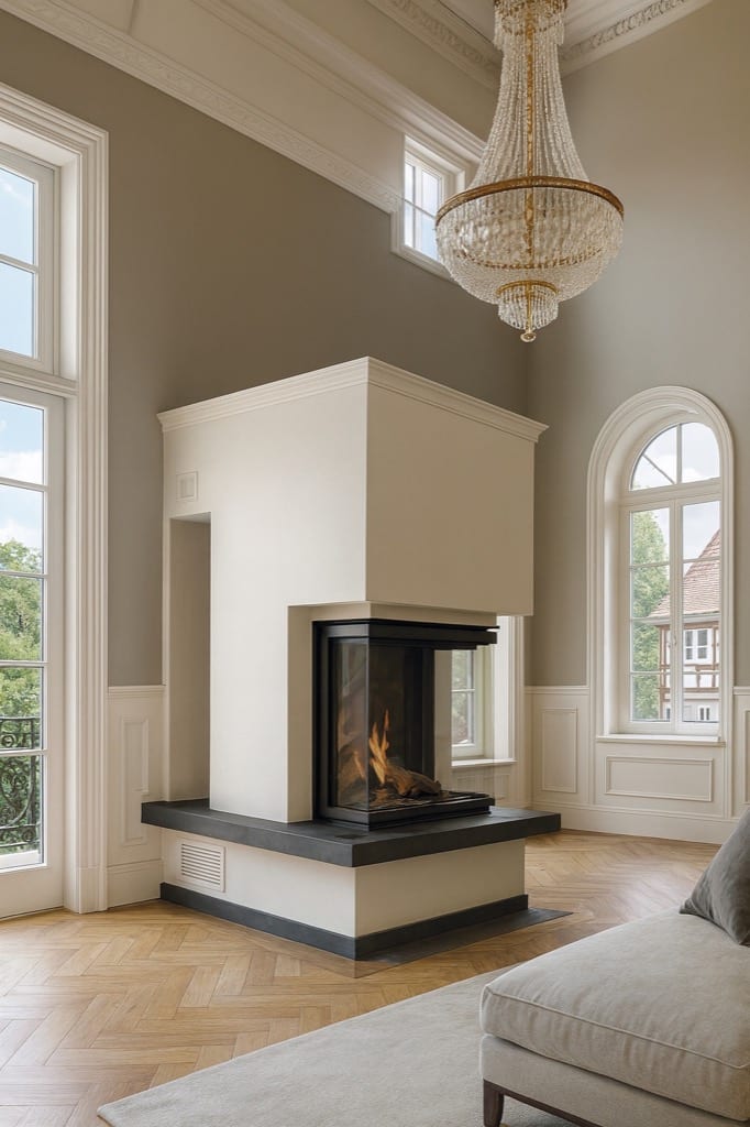 Eleganter dreiseitiger Speicherofen in klassischem Wohnzimmer mit hochwertiger Ausstattung und Kronleuchter