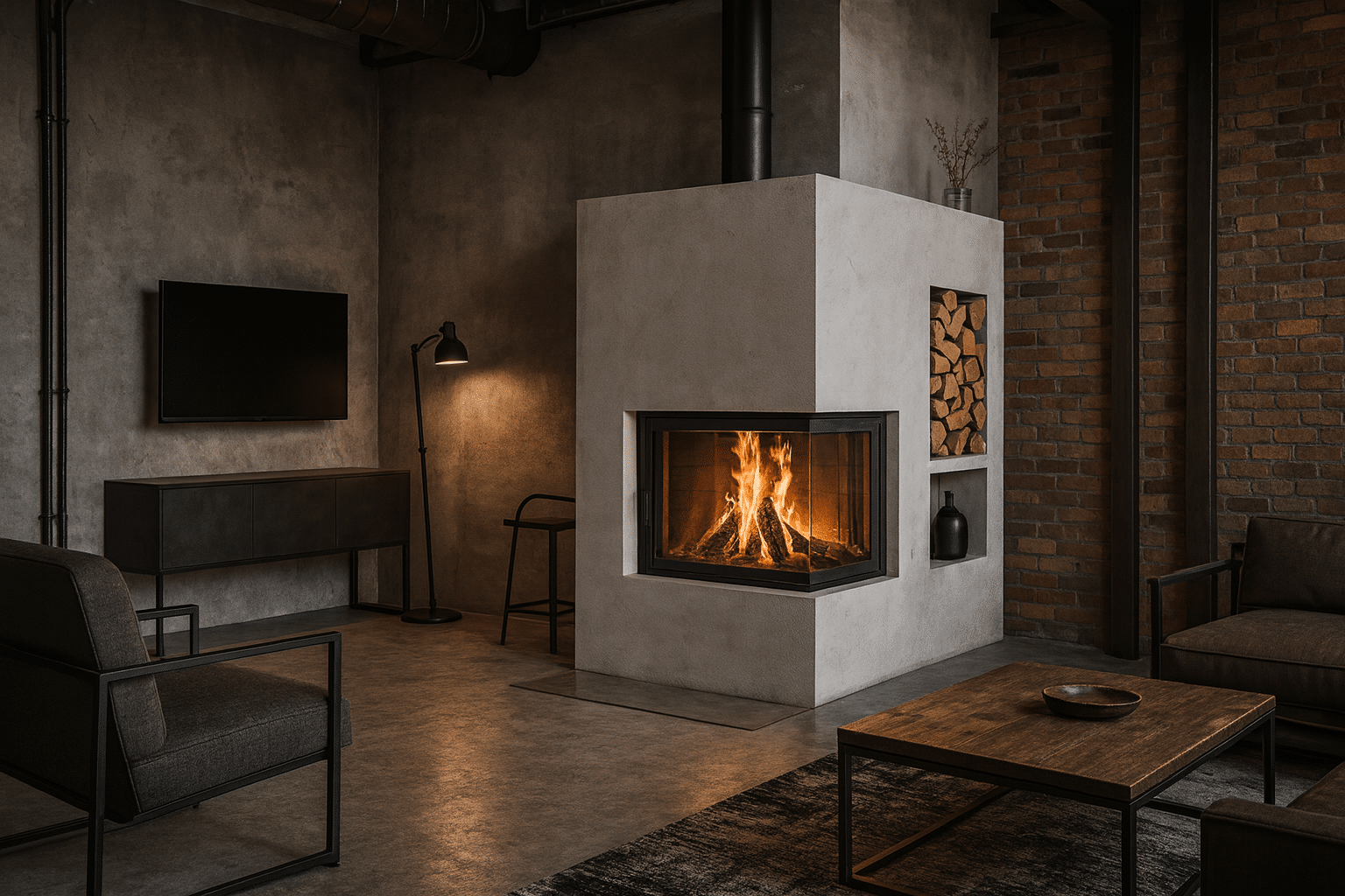 Moderner Speicherofen mit großem Sichtfenster in einem stilvollen Industrial Wohnzimmer