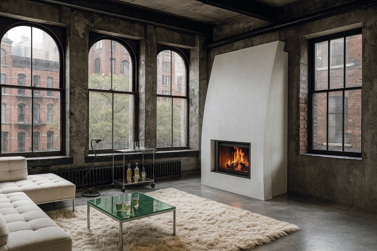 Moderner Palmyra Speicherofen mit rechteckiger Glastür in industriellem Loft-Ambiente
