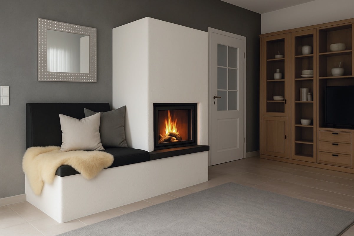 Kompakter weißer Ambio Speicherofen mit Sitzbank integriert in gemütliches Wohnzimmer