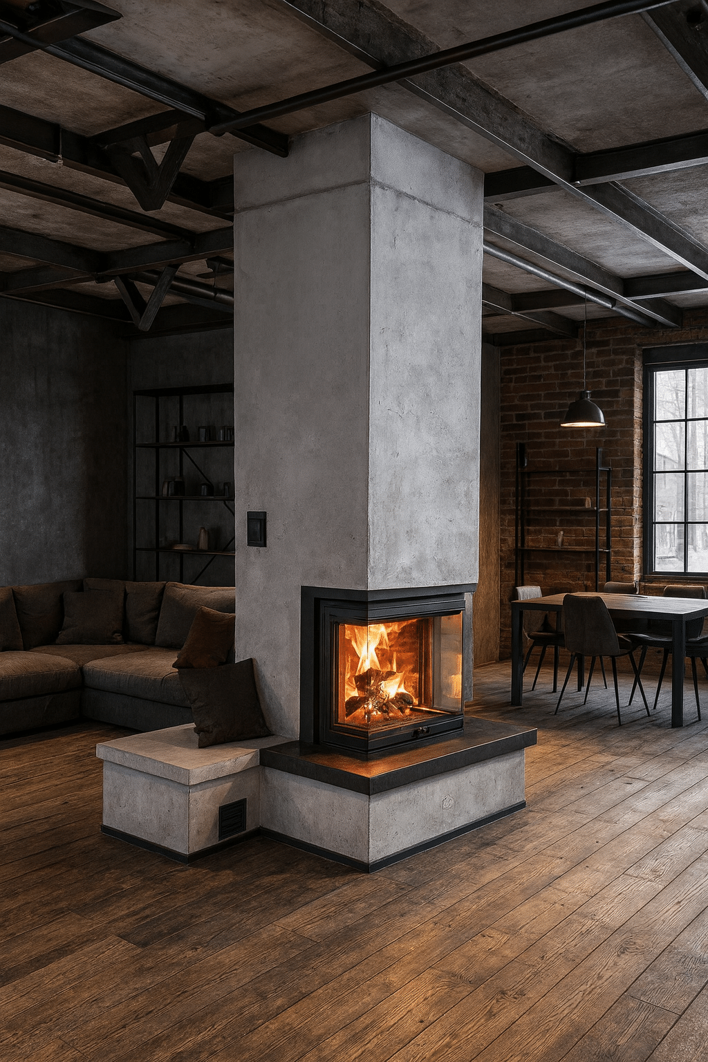 Grundofen mit Eckverglasung in industriellem Loft mit Sichtbeton, Stahlträgern und Holzboden