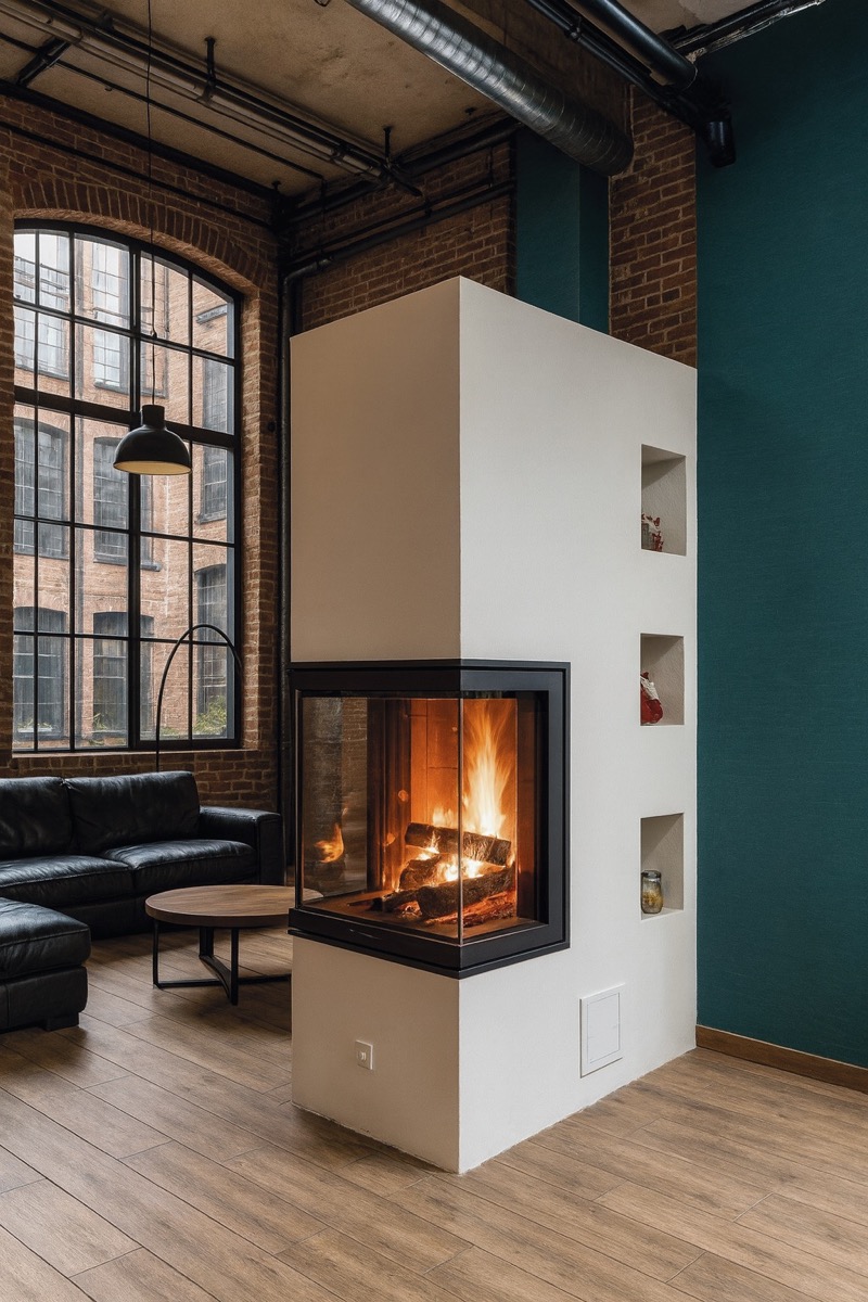 Moderner Grundofen mit Eckverglasung in industriellem Loft mit Ziegelwänden, Sichtdecken und Holzboden