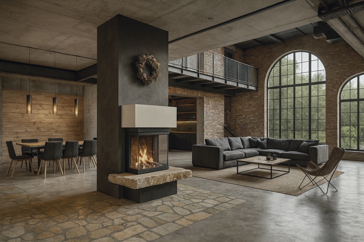 Grundofen mit Speichertechnik in offenem Loft-Wohnraum mit Natursteinboden, Galerie und großen Fensterflächen