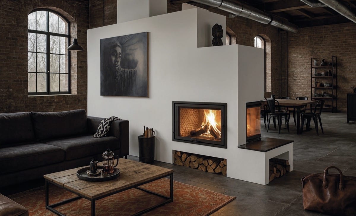 Moderner Speicherofen mit mehreren Sichtfenstern in offenem Wohnraum mit Ziegelwänden und Holzmöbeln