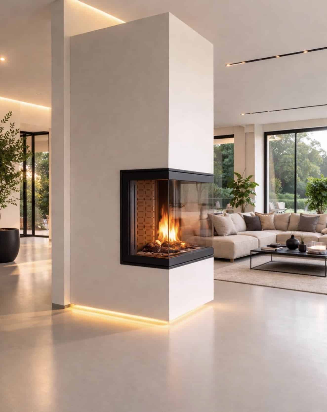 Moderner Eckkamin mit Glas in offenem Wohnraum