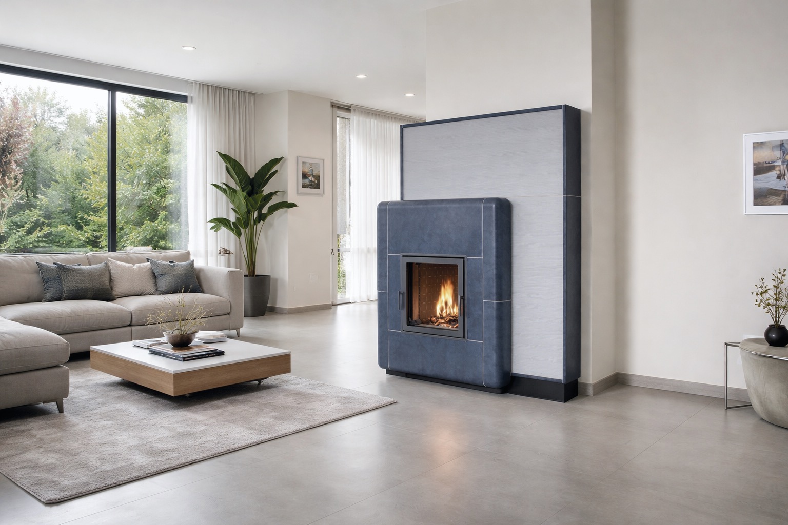 Minimalistischer Speicherofen in modernem Wohnzimmer